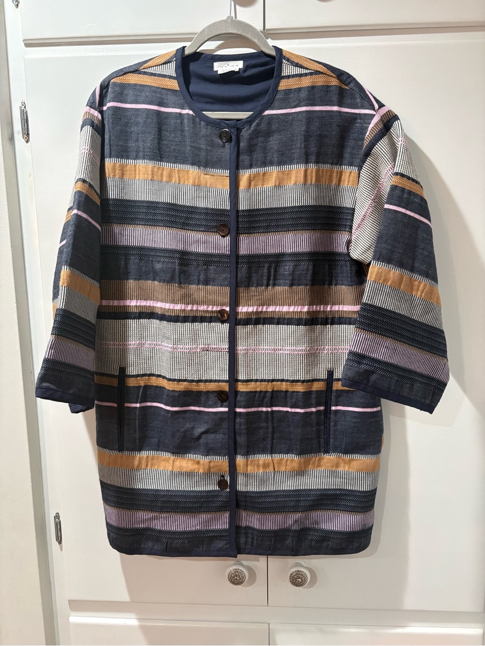 Striped Utility Jacket in Navy, Tan & Pink 3/4 Sleeves M Made in Portugal